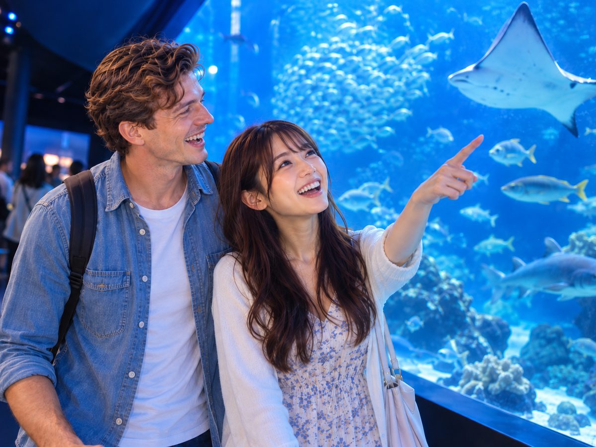 A couple watching a ray in a large aquarium tank in Japan