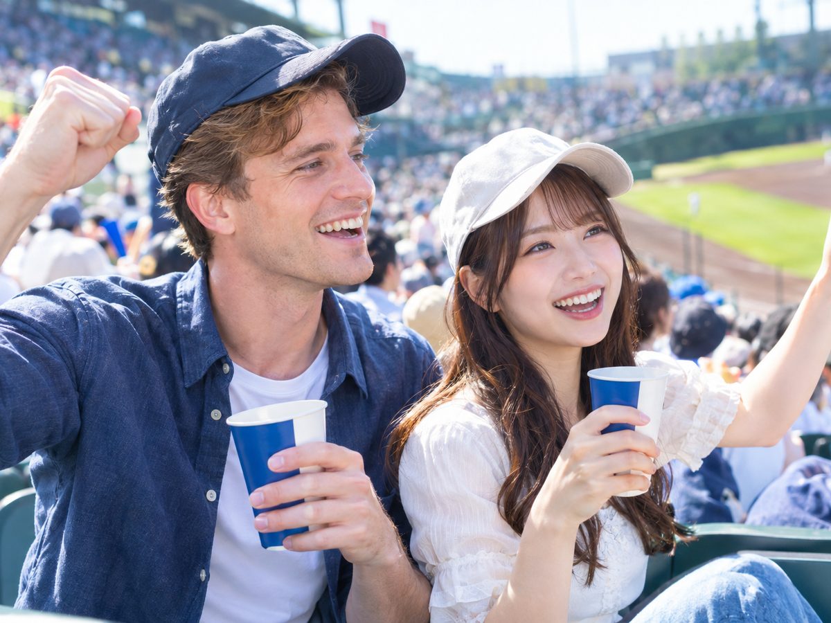 A couple cheering in the stands at a Japanese baseball stadium