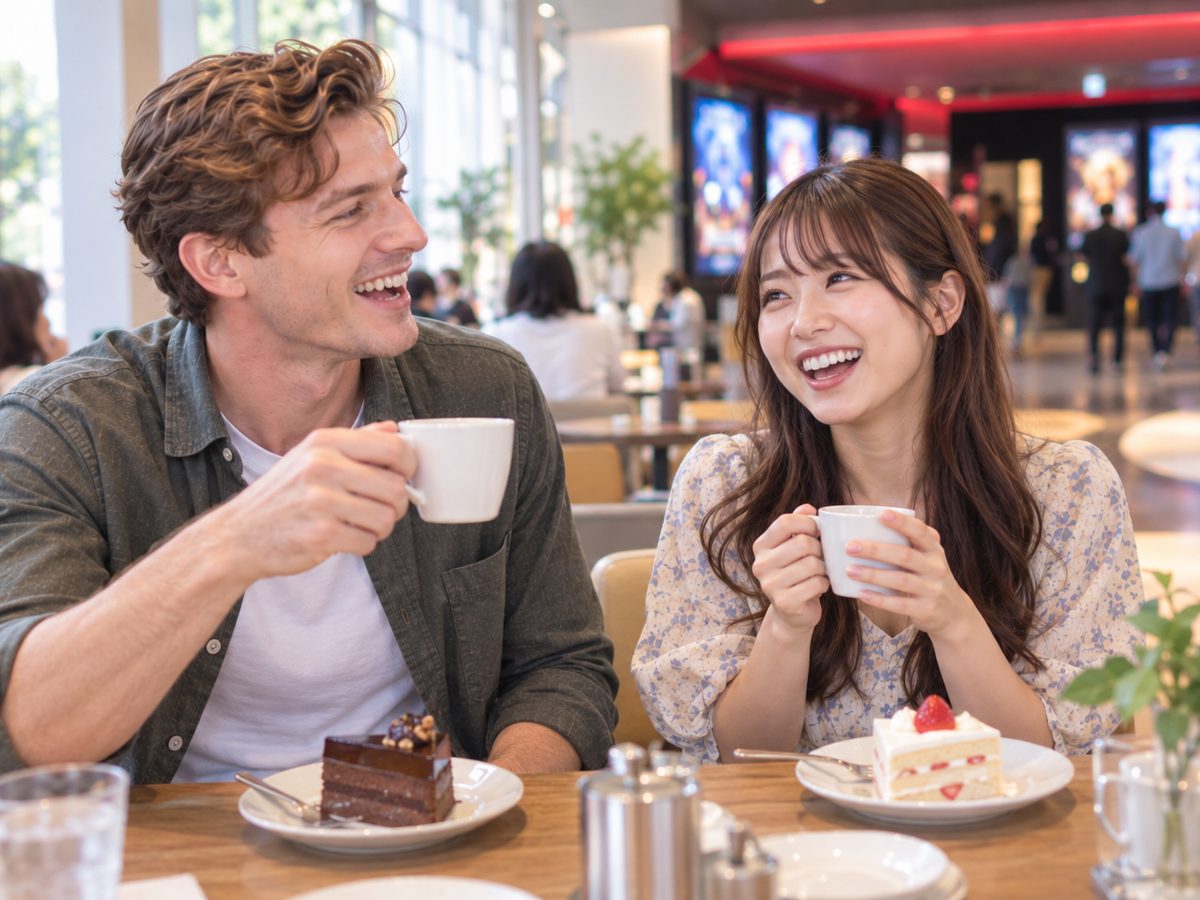 A couple having coffee and cake in a cinema cafe in Japan