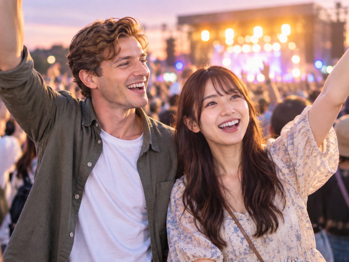 A couple cheering at an outdoor music concert in Japan