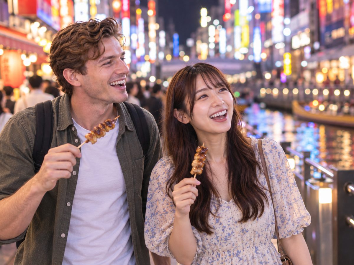 A couple eating street food beside the canal in Dotonbori, Osaka