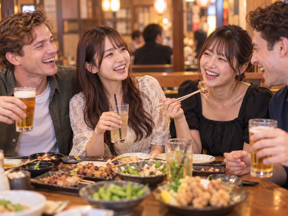 Two couples sharing food and drinks at a Japanese izakaya