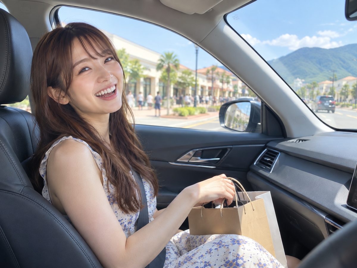 A couple with shopping bags beside a car at an open-air outlet mall in Japan