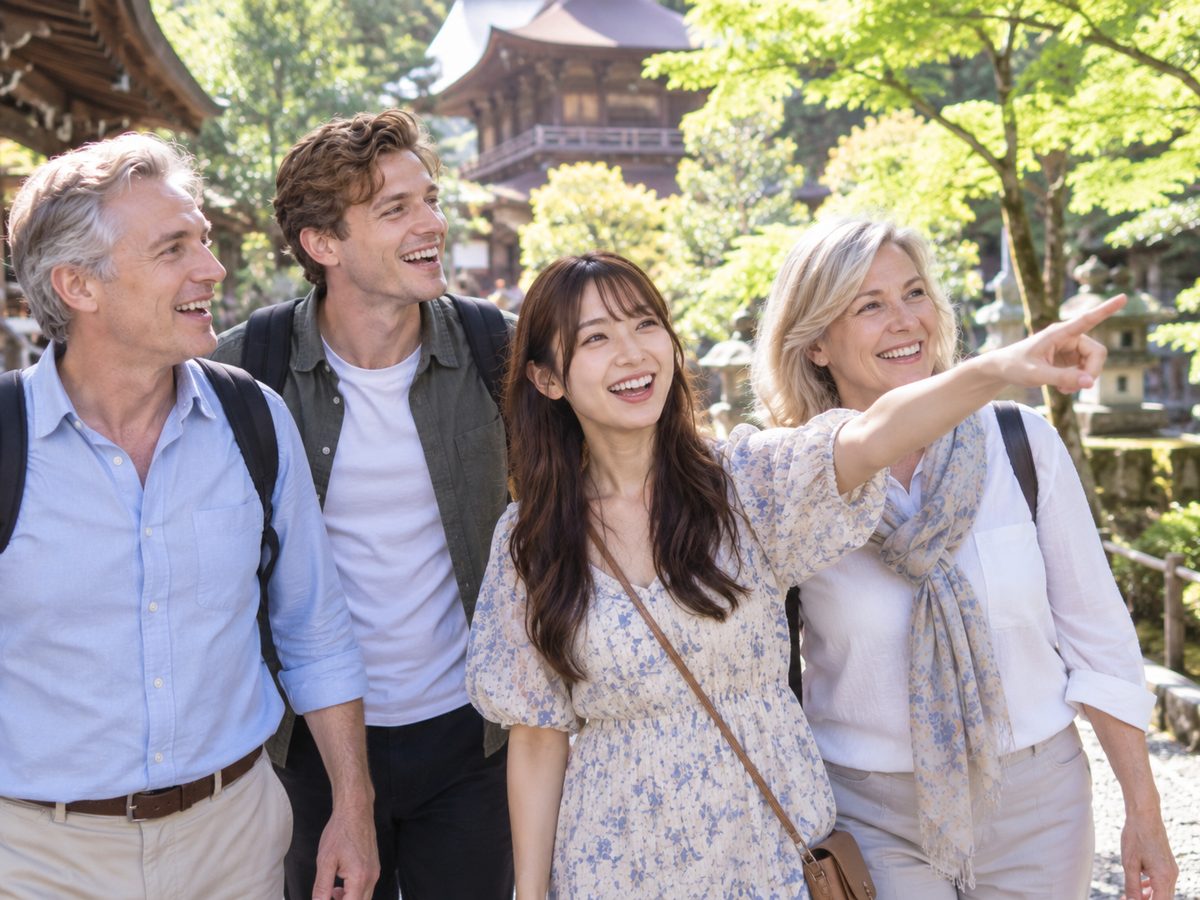 A companion sightseeing at a Japanese temple with a visitor and his parents