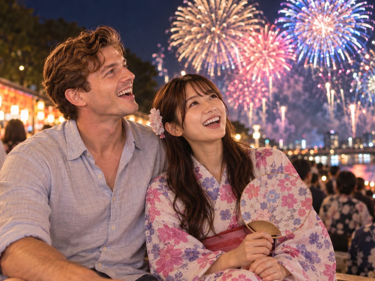 A couple in yukata watching a summer fireworks festival in Japan
