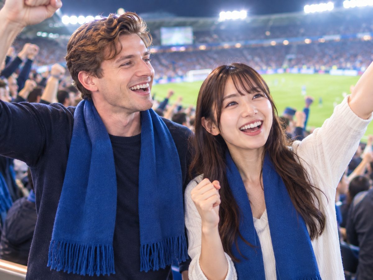 A couple cheering at a football match in a Japanese stadium