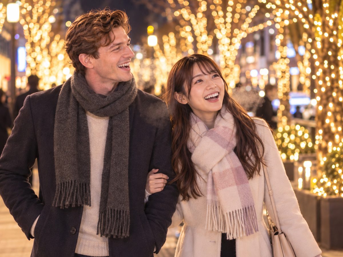 A couple walking a Japanese street lit by winter illuminations