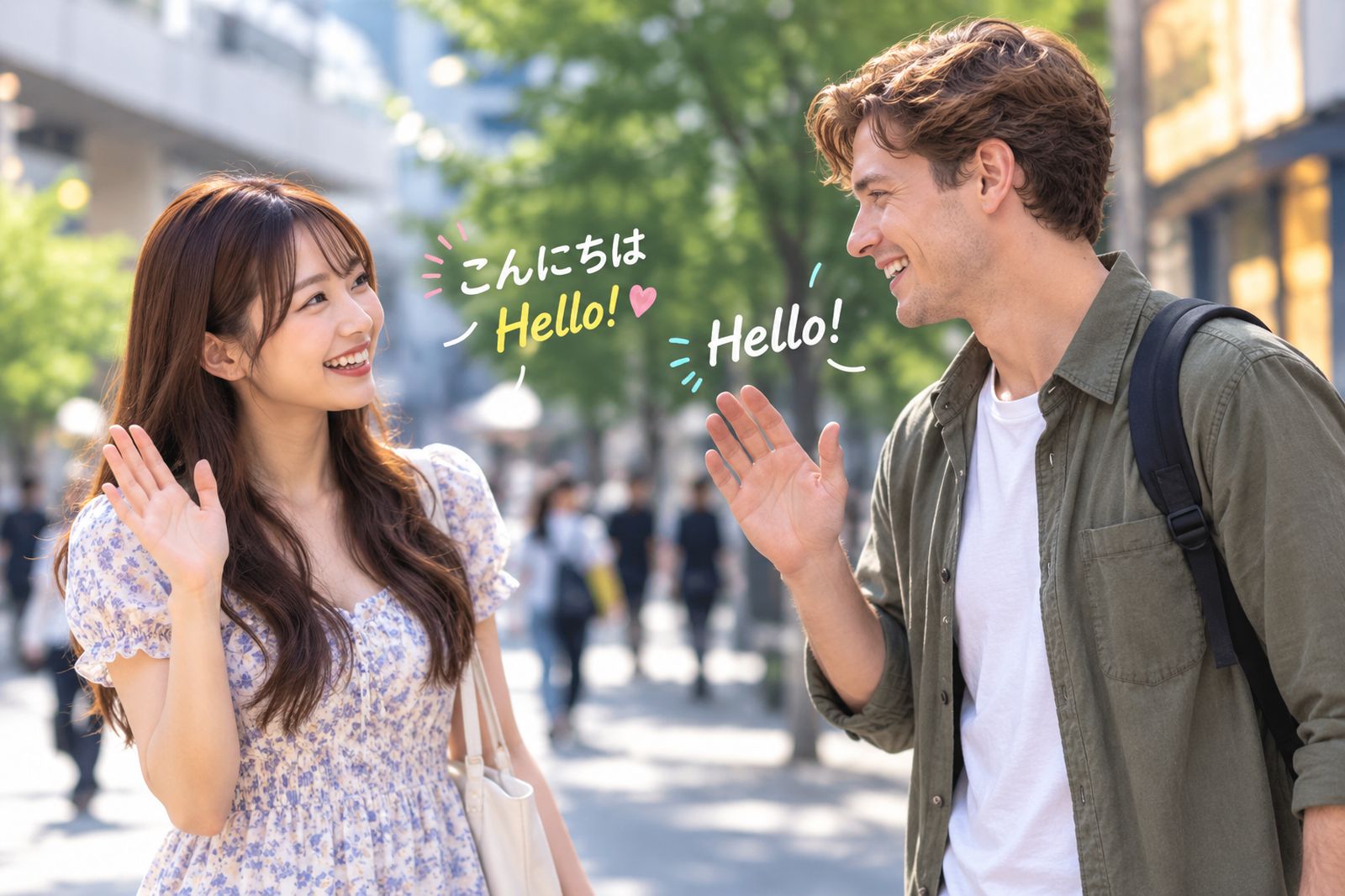 A visitor and his companion waving hello to each other at the meeting point on a Japanese street.
