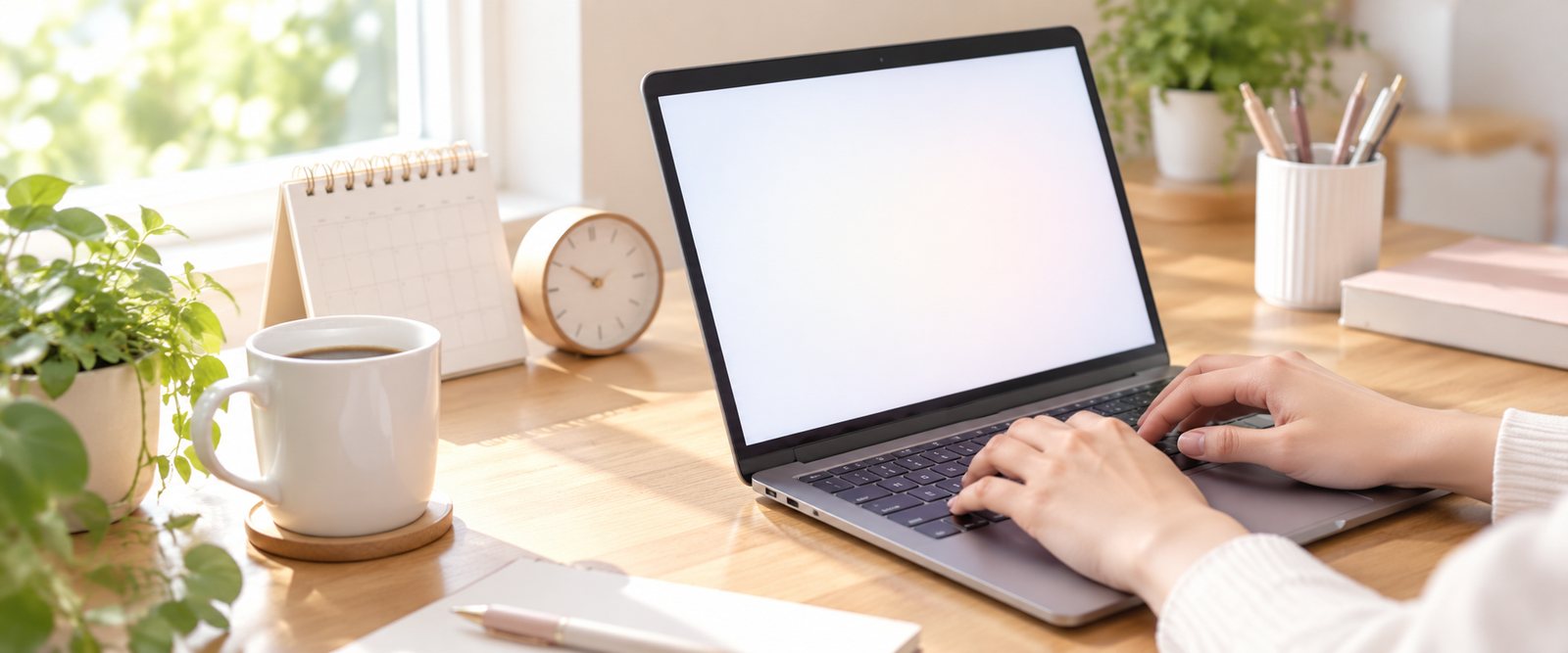 The Rent-Kano office desk: a laptop, a calendar and a clock, with a member of staff replying to a booking.