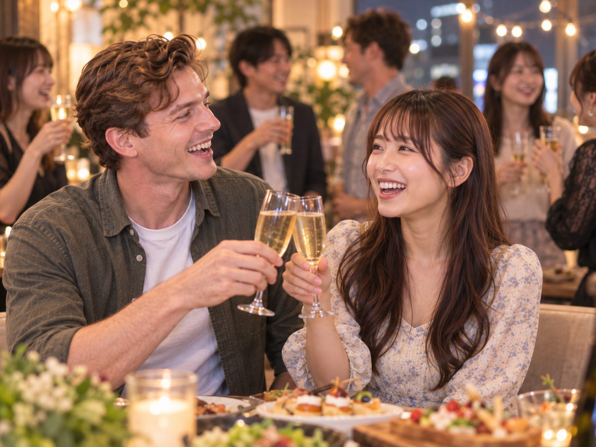 A couple raising a toast at a friendly evening party in Japan