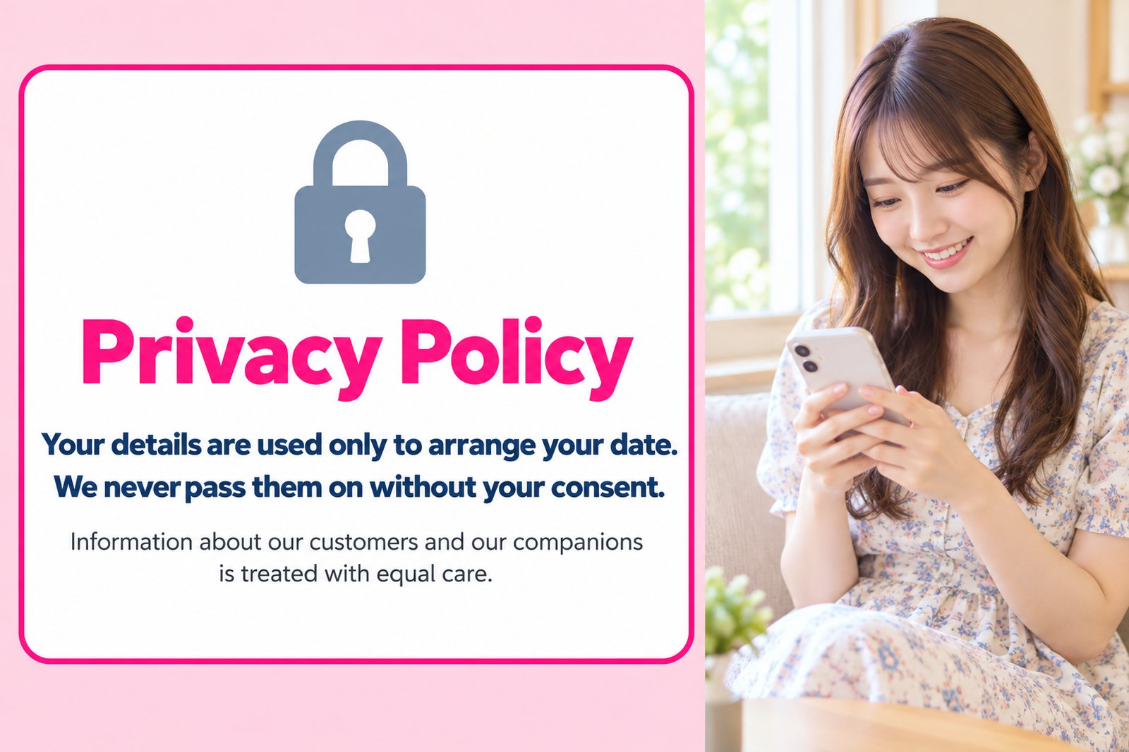 Privacy policy. Your details are used only to arrange your date. We never pass them on without your consent. Information about our customers and our companions is treated with equal care.