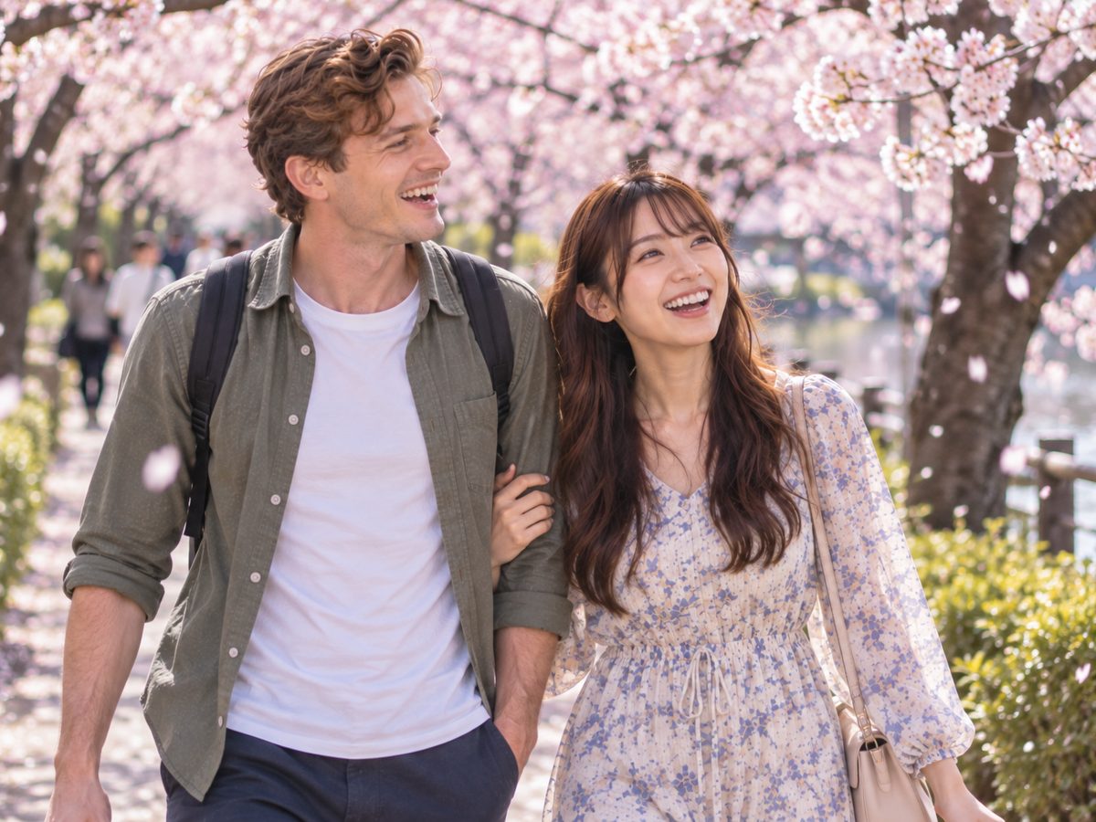 A couple walking under cherry blossom trees in a Japanese park