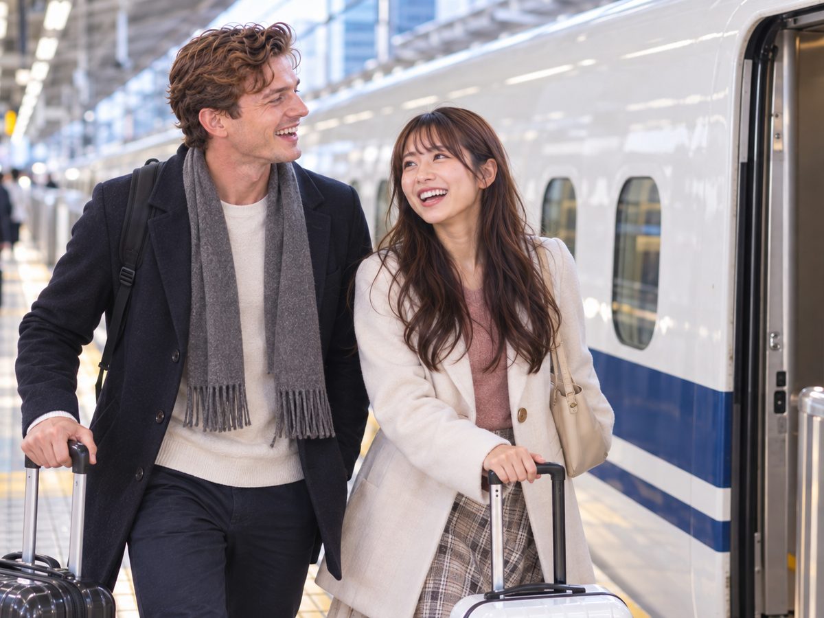 A couple boarding a Japanese bullet train with suitcases