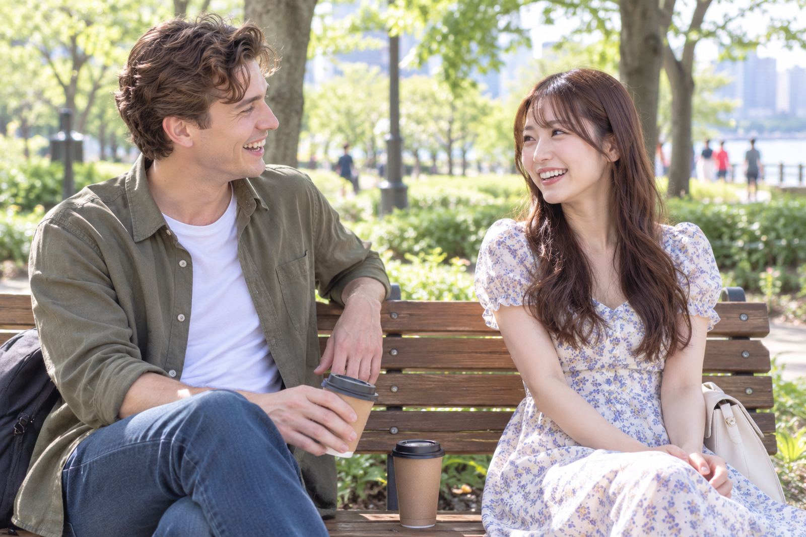 A visitor and his companion sitting on a park bench in Japan, talking and laughing over coffee.